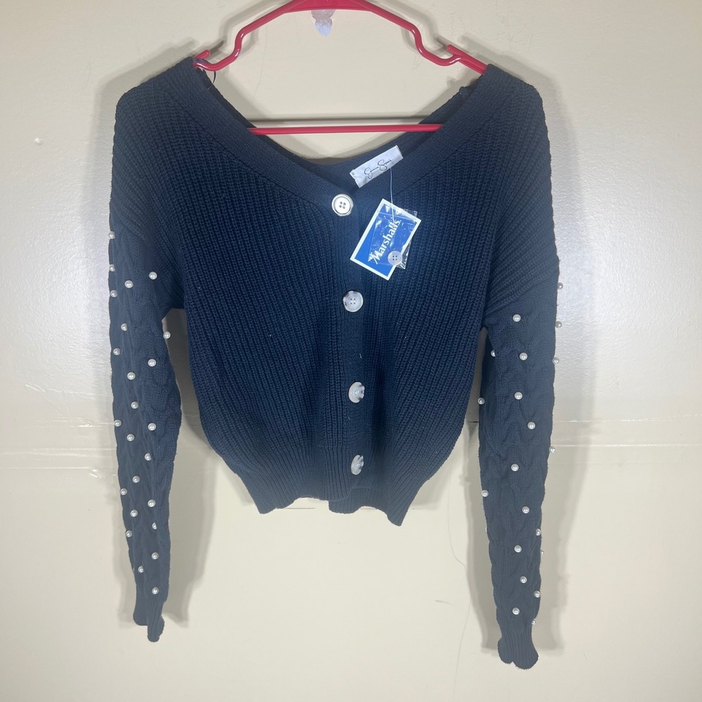Jessica Simpson Black Pearl Embellished Cable Knit Cropped Cardigan Sweater XS